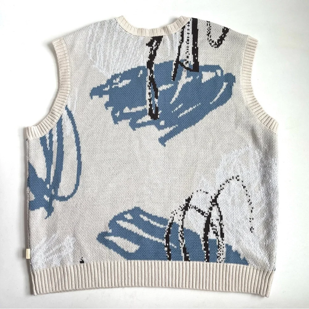 Urban Outfitters Men’s Abstract Pattern V-Neck Sweater Vest Cream Blue Large